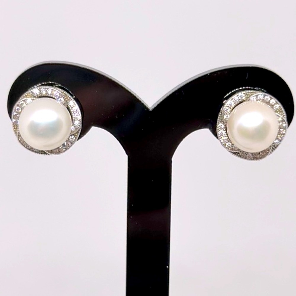 Classic Pearl Halo Stud Earrings - White Pearl, Silver Tone